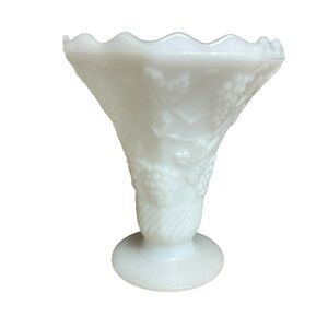Vintage Milk Glass vase Grape Vine Scalloped Edge Fluted Pedestal